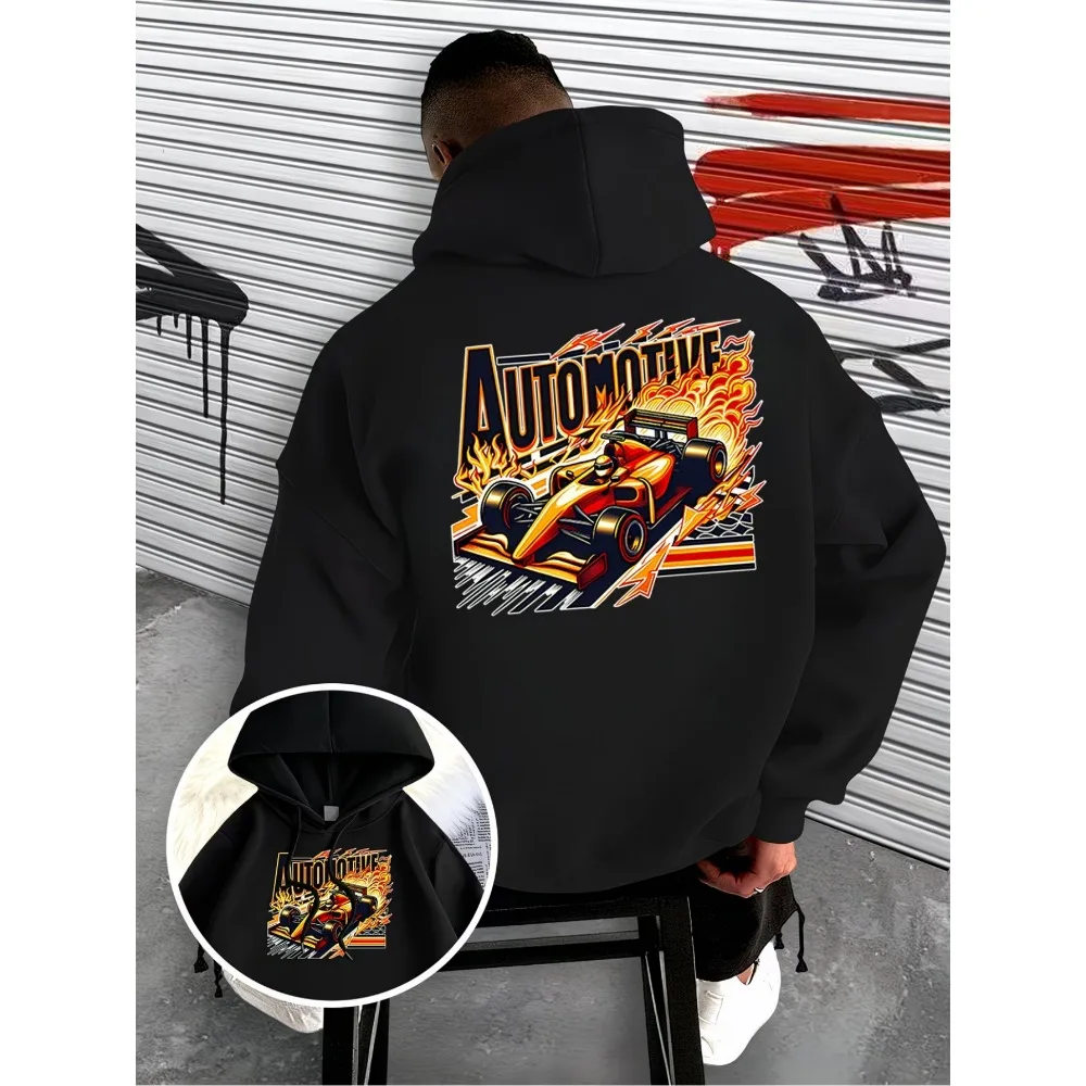 Automotive Flame Formula Race Car Graphic Hoodie for Men Women Lightning Graffiti Front & Back Print Loose Pullover Hooded Top