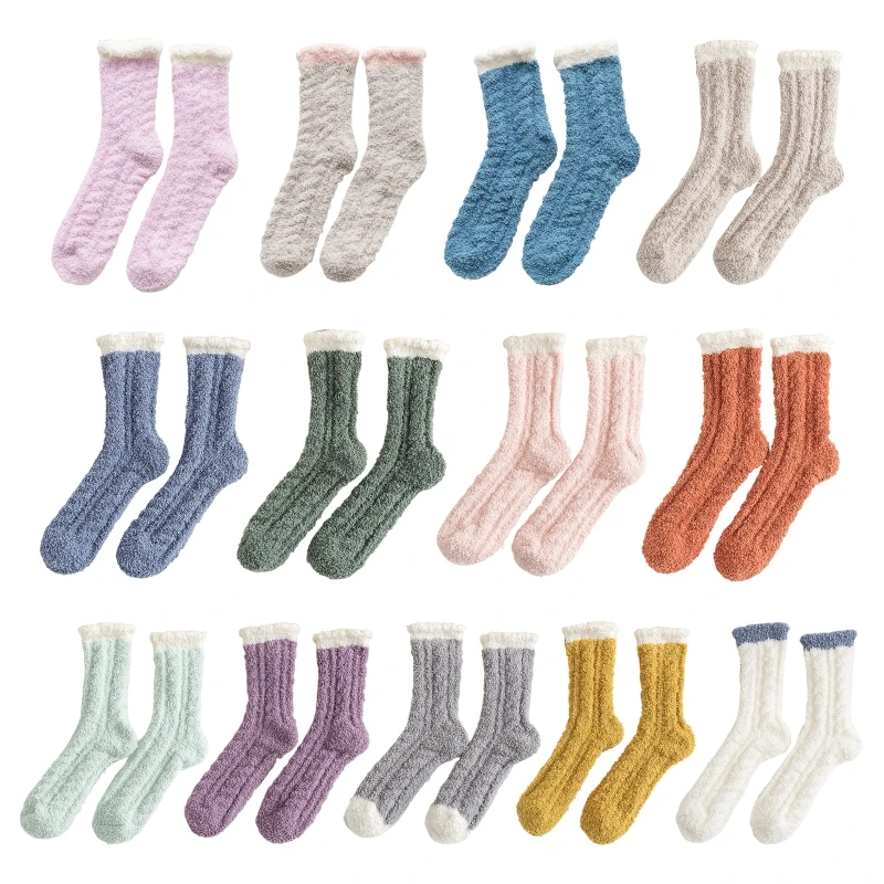 

13 Pairs Women Winter Coral Fuzzy Slipper Socks Sweet Candy Color Ruffled Trim Cable Knit Thicken Warm Sleeping Hosiery