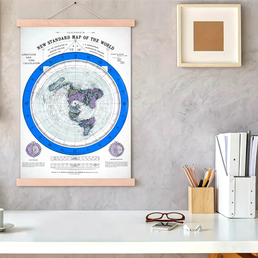 Canvas Poster With Wooden Pole Hanger Flat Earth Map Wall Art HD Canvas Painting Vintage Aesthetic for Home Office Living Room D