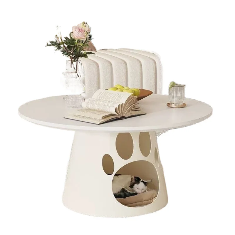

Modern simple and warm round art wrought iron wood-based panel coffee table cream wind pet shop with cat nest coffee table