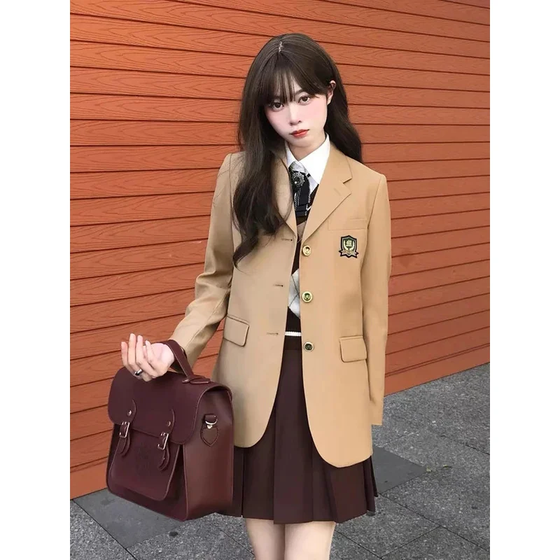 

COSda@Ladies Korean School Uniform Khaki Blazer Jacket Japanese High School Uniform Coat Suit School Clothes Girl Students Long