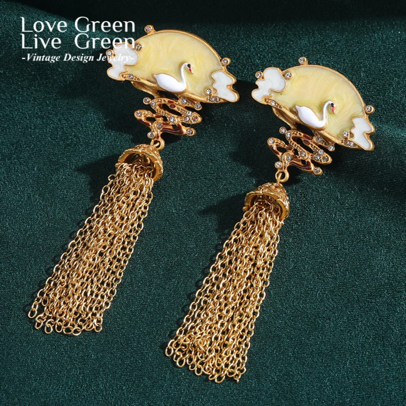

Vintage Chinese Style Crane Earrings Fan Woman Gold Color Chain Tassel Retro Antique Elegant Luxury Designer Jewelry New 2025