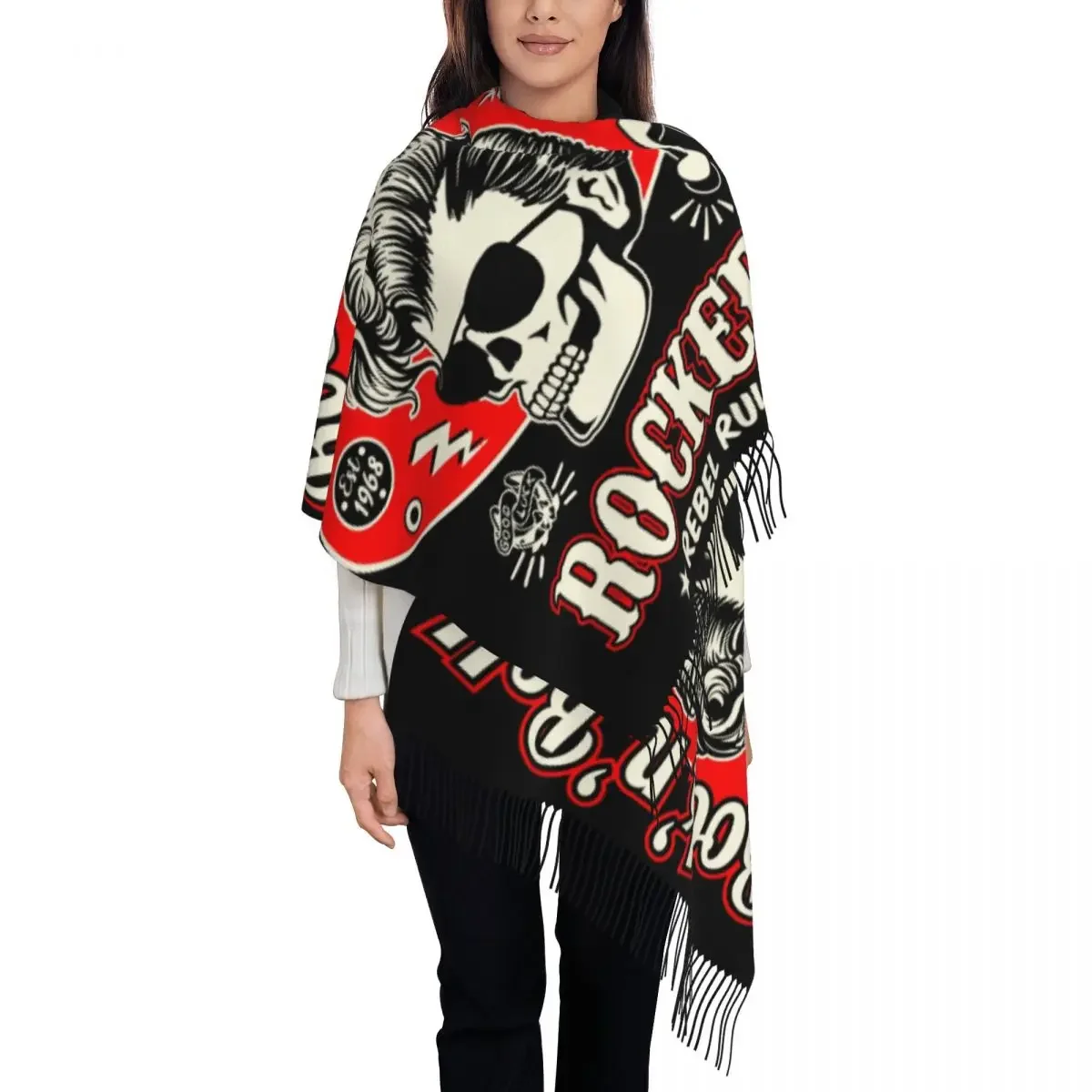 Fashion Rockabilly Rock And Roll Skull Dice Rockers Tassel Scarf Women Winter Warm Shawls Wraps Lady Scarves