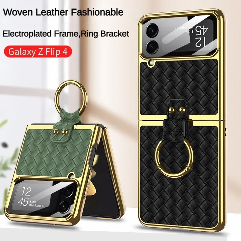 Case for Samsung Z Flip5 Flip4 Z Flip3 Phone Case Woven Leather Pattern with Ring Folding Stand Plain Leather Protective Cover