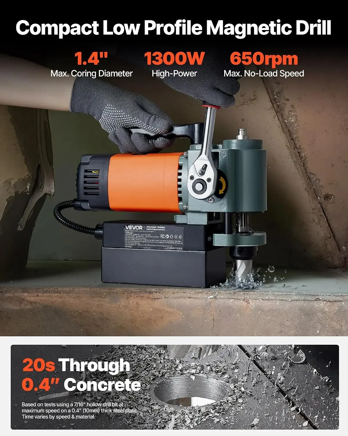 Low Profile Magnetic Drill Press, 1300 W, 1.4 in Boring Diameter, 2248 lbf Power Portable Mag Drill Press, 650RPM Speed, with We