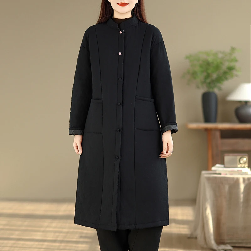 Sle chinês cor pura algodão jaet sobre o joelho casaco feminino de comprimento médio budista zen espírito faionable senhoras blusão