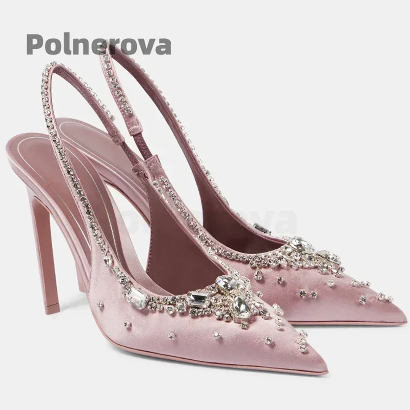 Satin Crystal Chain Slingback Women's Sandals High Heels Trendy Pointy Toe Luxury Gems Stiletto Sandal Solid Evening Shoes