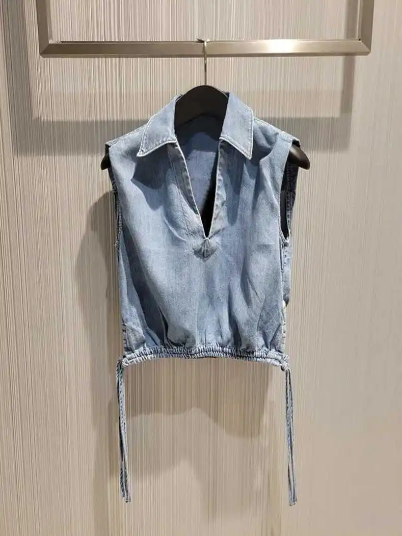 

V-Ne Svel Denim T-irt Women's Spring Summer New Sle Casual Cotton irt with Dstring Hem Turn-down Collar Top