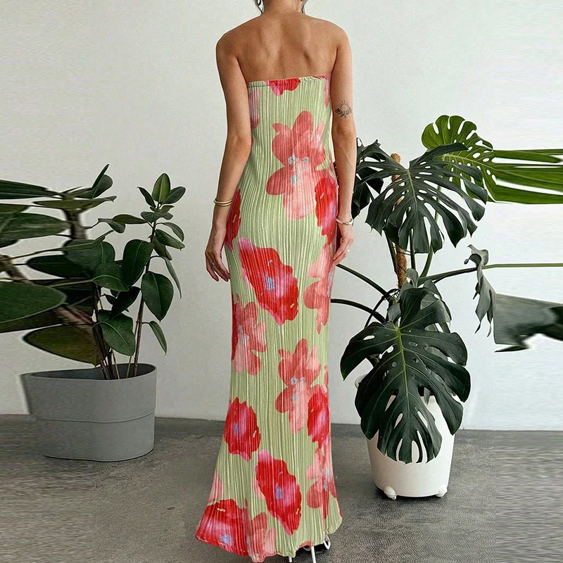 패션 꽃 프린트 Strapless 휴가 드레스 레이디 섹시한 오프 어깨 슬림 파티 드레스 우아한 높은 허리 Pleat 여름 긴 드레스