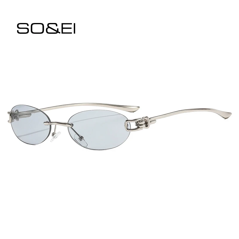 SO&EI Retro Oval Punk Men Sunglasses Fashion Rimless Clear Ocean Lens Shades UV400 Women Trending Sun Glasses