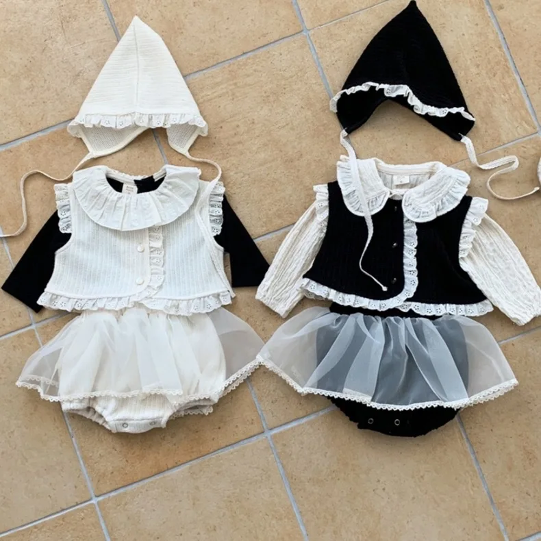 2024 Autumn New Baby Girl Sleeveless Clothes Set Girls Lace Vest Cardigan + Gauze Pp Skirts Sweet Princess Suit Infant Outfits