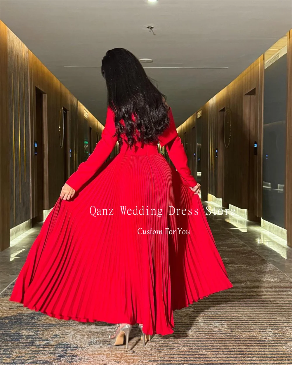 Qanz Red Long A Line Prom Dresses Dubai Long Sleeves Vestidos De Fiestas Elegantes Mujer Formal Occasion Dreeses Customized