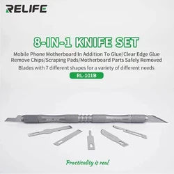 RELIFE RL-101B 8 in 1 Glue Remover Knife Set Motherboard BGA Chip Scraping Pry Carving Knife Degumming Scraper Repair Tool