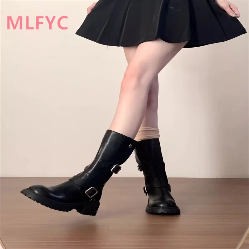 

Fashionable Belt Buckle Not Knee High Work Suit Boots for Women's Autumn and Winter New Thick Sole High Barrel Knight Boots