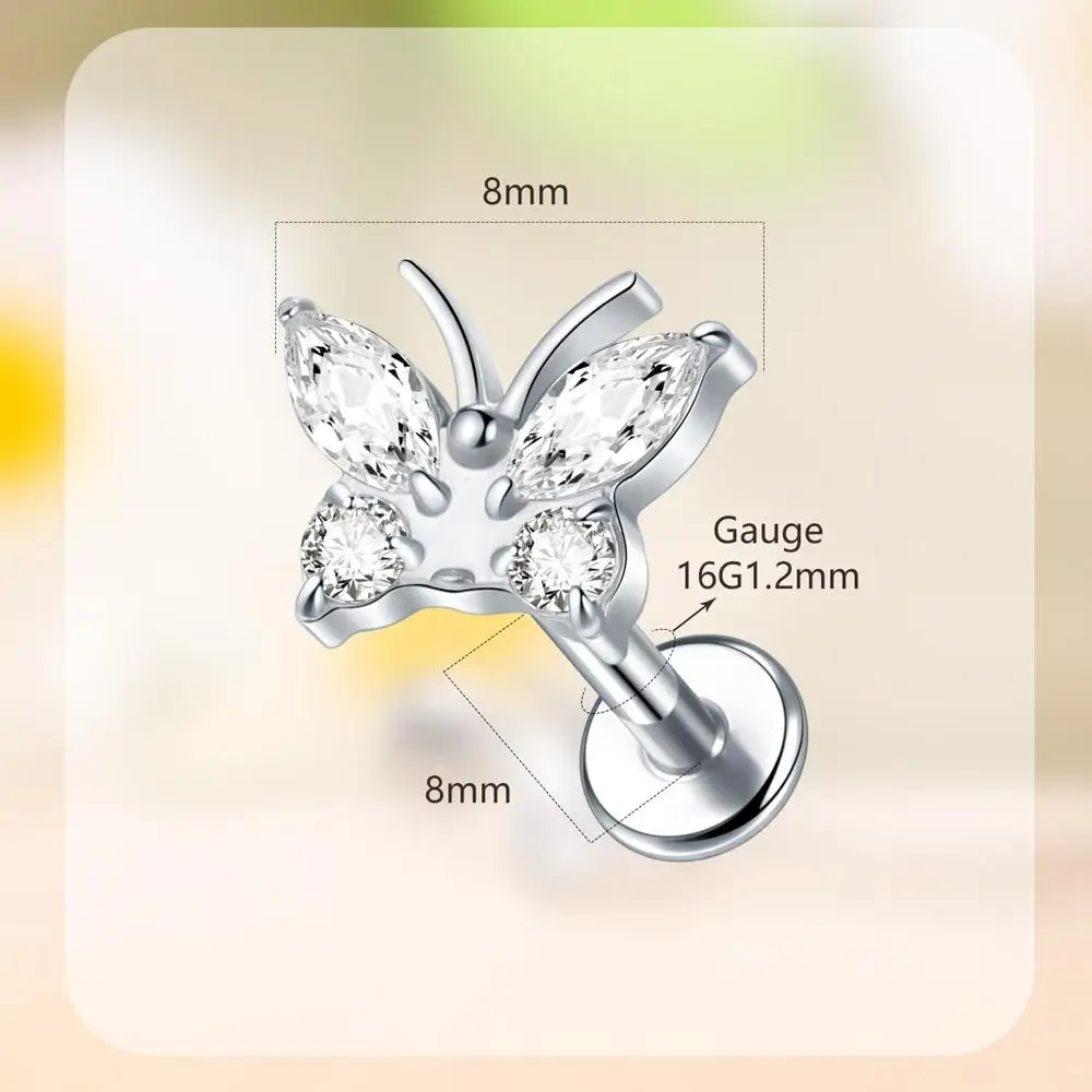 16 جرام G23 التيتانيوم فراشة Labret مونرو الشفاه خواتم ترصيع اللولب الغضروف الزنمة مسمار ثقب المجوهرات