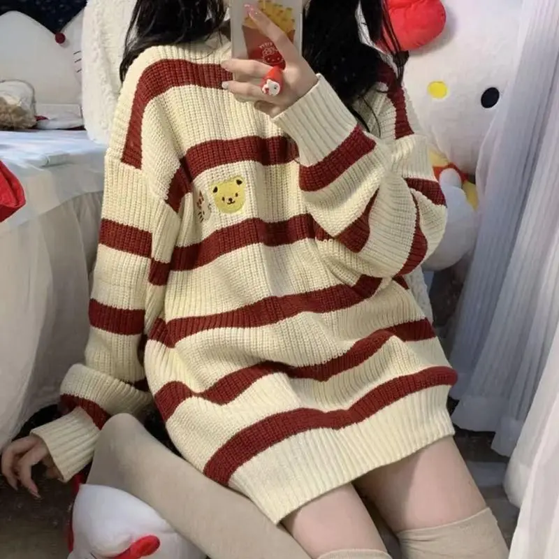 Japanese Sweet Kawaii Bear Embroidery Striped Women Oversize Sweaters Long Sleeve Y2k Knitted Pullovers Sueter Mujer Mid Length