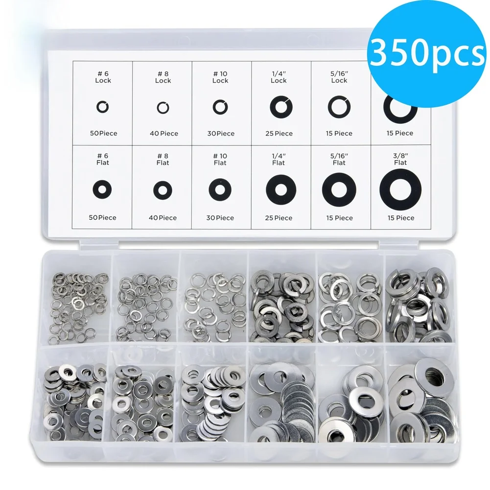 

350Pcs Stainless Steel Flat Washers And Spring Lock Washers Assortment Kit Spring Lock Washers And Flat Washers Set Silver
