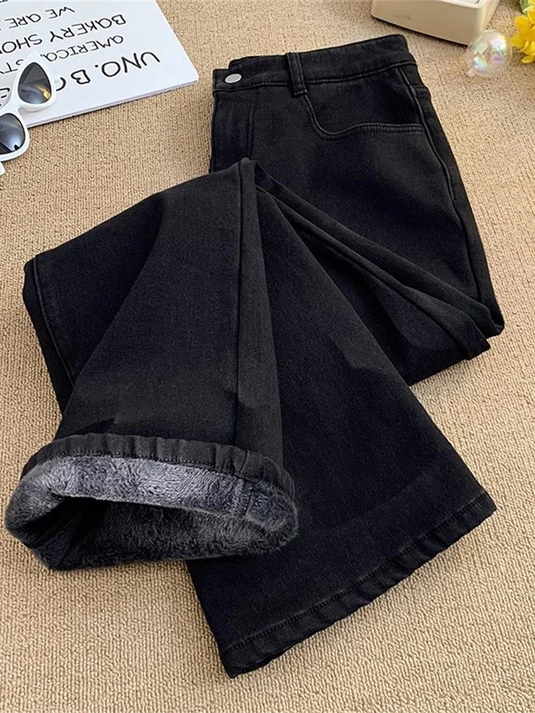 

Men's Fce Lined Denim Jeans Thi Warm Loose Straight Leg Casual Vintage Sle Winter Wear mid Low Waist Long Pants