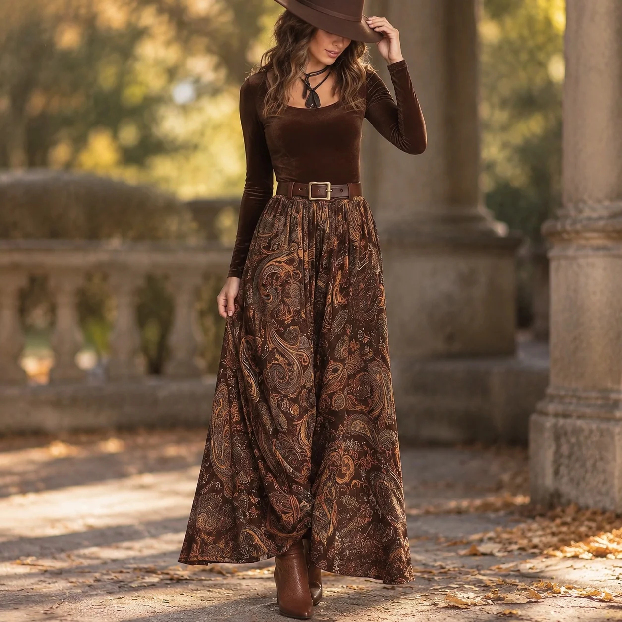Pocket Two Set with Plant Floral Pattern Slim Fit Pleated Skirt Long Sleeve Top Low Neck Collarless Casual Elegant Women Sets