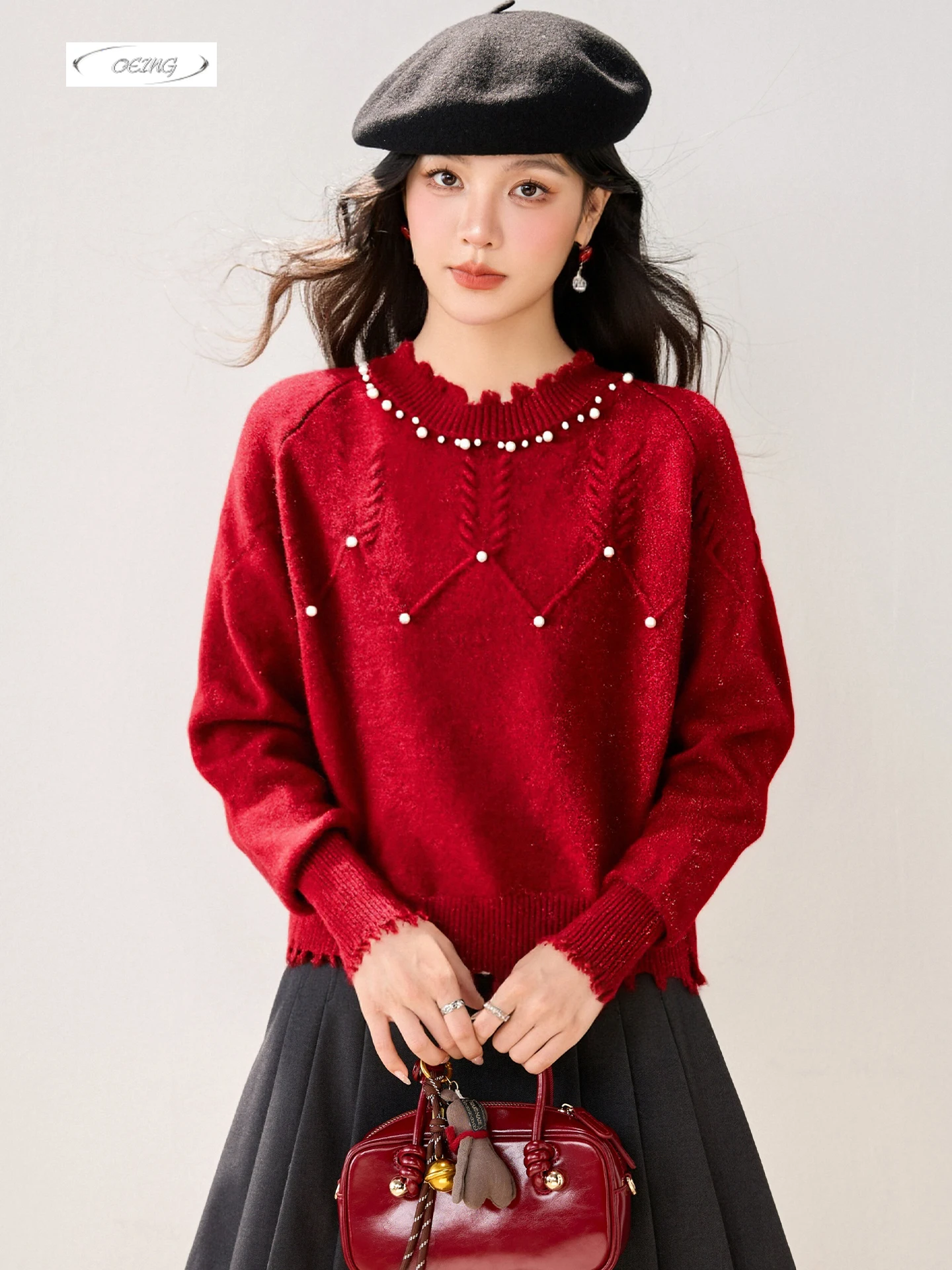 Estilo de natal manga longa miçangas pulôver de malha vermelha camisola para mulheres coreano doce elegante solto topos malhas grossas 9759