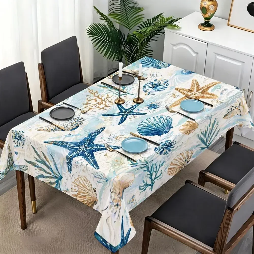 Coastal Shell Star Tablecloth - Blueish-hued coral seaweed print, rectangular polyester material, yzb