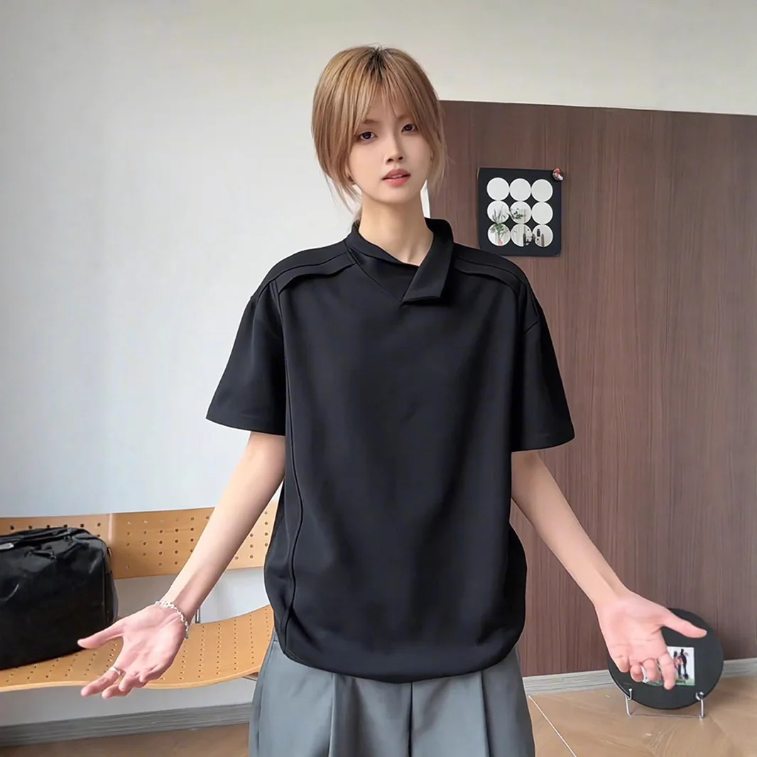 

2026 New Men's & Women's Cleanfit Asymmetric Collar Polo Shirt Deconstructed Short Sleeve T Shirt