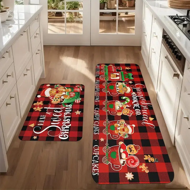 VIKAMA Buffalo Check Christmas Rug, Gingerbread Man Christmas Slogan Printed Absorbent Kitchen Mat, Entryway Doormat, Home Decor