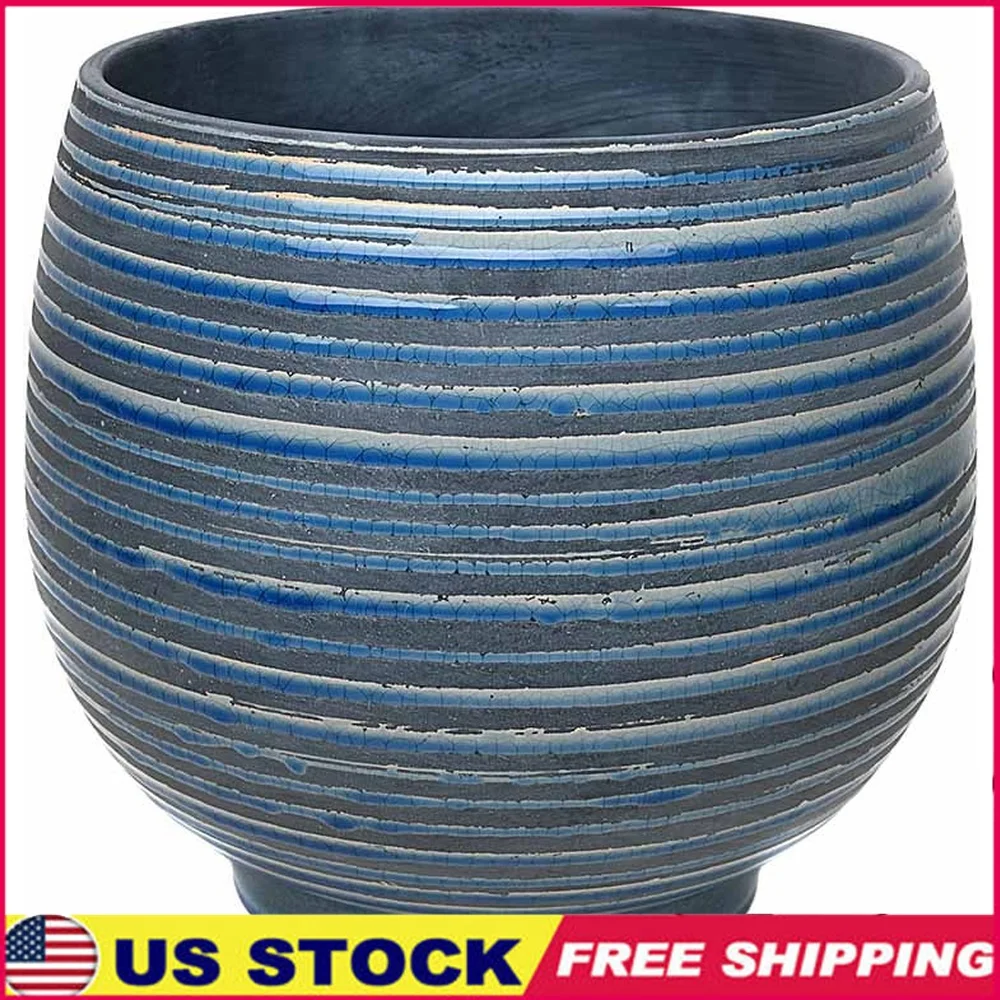 

12 Inch Round Ceramic Planter with Drainage Holes Weather Resistant Unique Blue Crackle Finish Ideal Indoor Outdoor Use