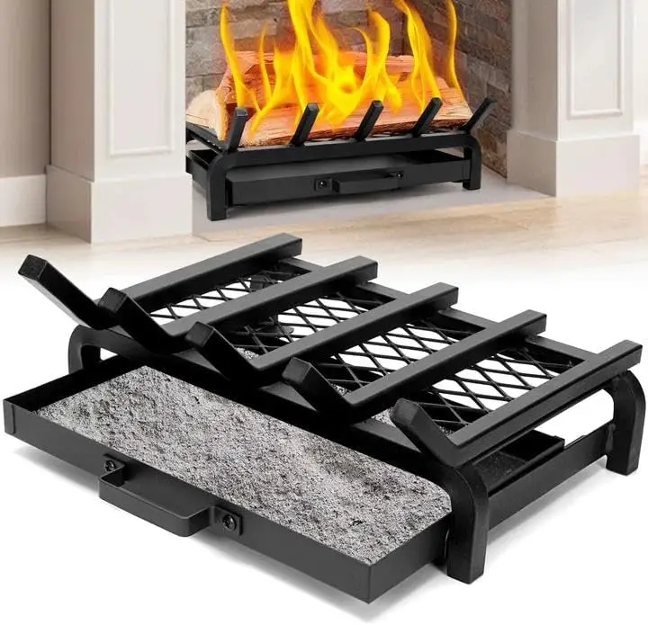 

17-Inch Heavy Duty Cast Iron Fireplace Grate with Ember & Ash Trays for Indoor/Outdoor Wood Stove and Chimney Hearth