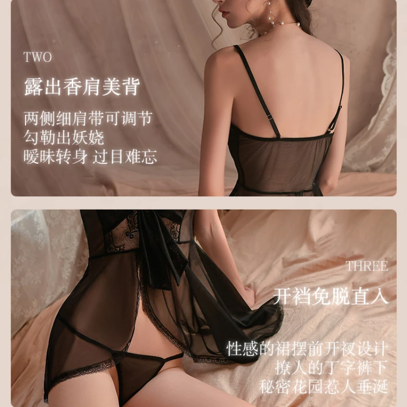 Pakaian tidur Lingerie seksi Bra terbuka pakaian tidur wanita tanpa tali baju tidur piyama dasi kupu-kupu Jepang pakaian tidur Babydoll erotis tembus pandang