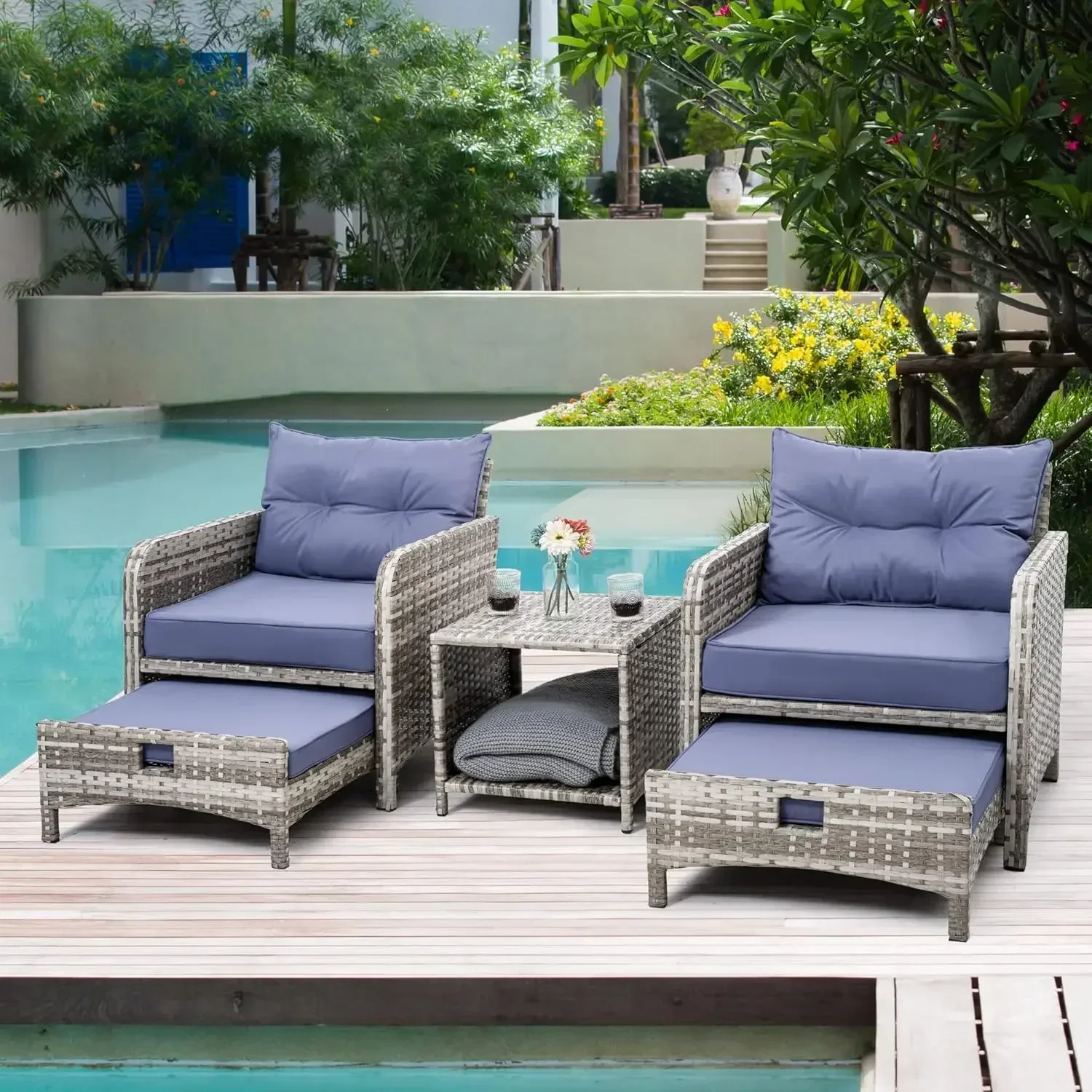 BestsellerHot salesXMSJ.5 Pieces Wicker Patio Furniture Set Outdoor Ottomans Conversation with coffetable Poorside Garden (Purpl