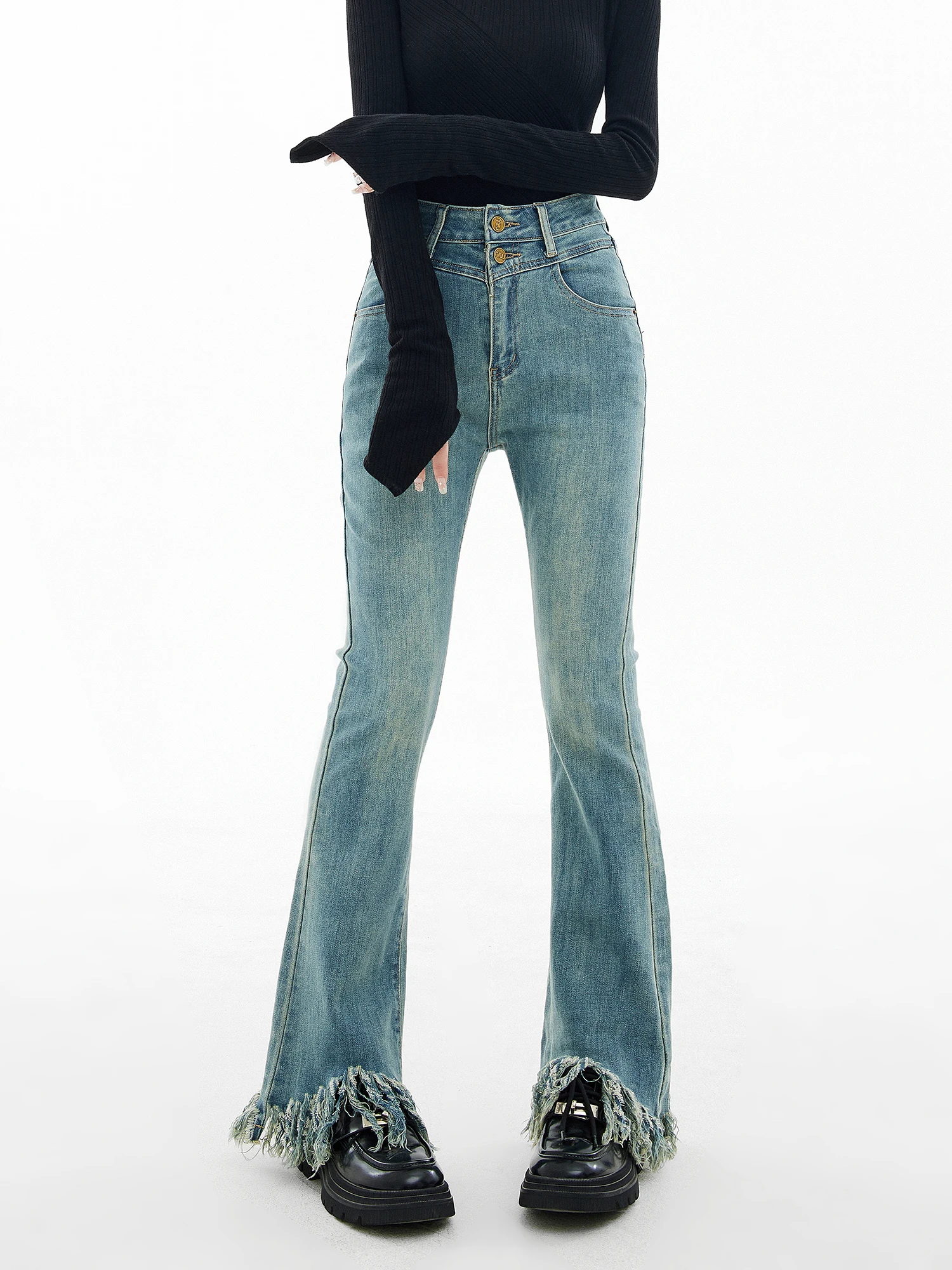 

Ретро джинсы-клеш с высокой талией для женщин, джинсовые, с эффектом потертости, утягивающие, весенне-осенние, модные