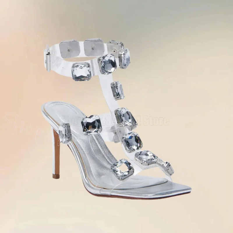 

Silver Crystal Decor PVC Open Toe Sandals Buckle Strap Women Shoes Thin High Heels Fashion Party Dating 2025 Zapatos Para Mujere
