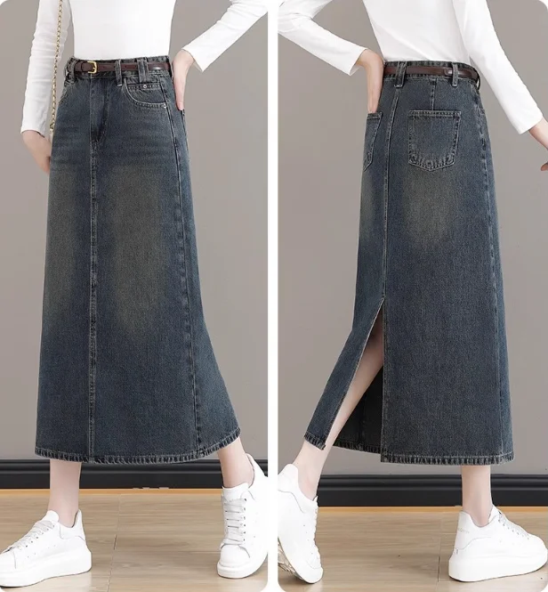 

Y2K Skirt Korean Women's Denim Skirt Elegant Fashion Urban Casual High Waiste Zipper Washed Retro Straight Tube Slit Denim Skirt