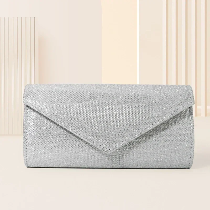 Women Envelope Evening Bag Glitter Ladies Chain Shoulder Bags Shiny Silver Long Purse Female Wedding Party Clutches Mini Handbag