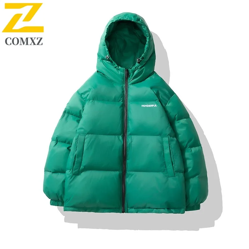 COMXZ Men Cotton Padded Jacket 2025 Coldproof Hooded Travel Snow Loose Lightweight Ski Padding Coat Trendy Street Winter Jackets