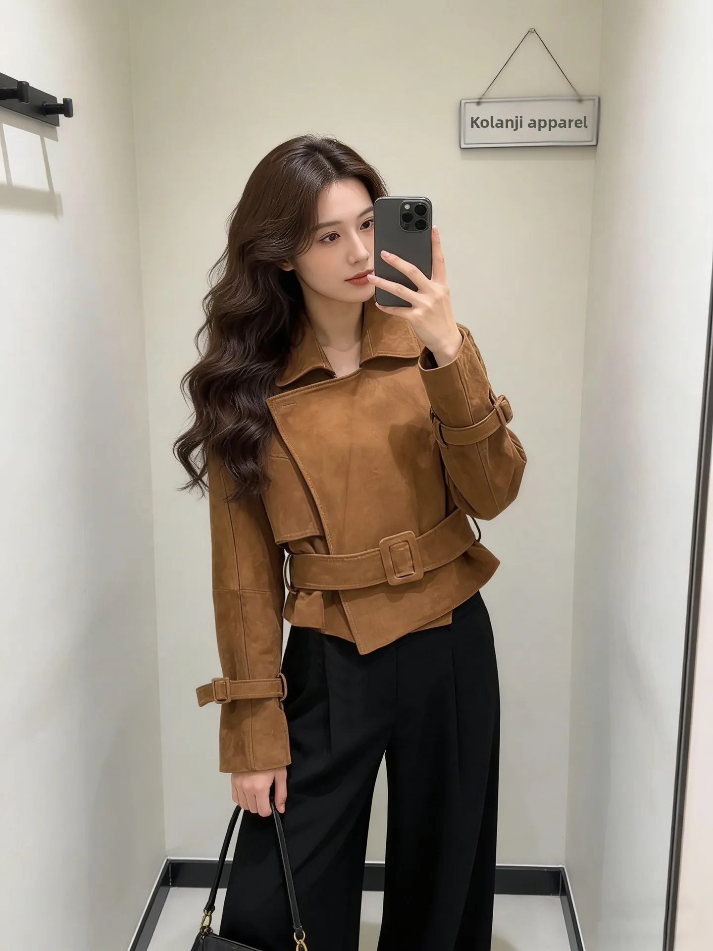 

Ретро-коричневая замшевая куртка для женщин, весенний дизайн, стильное пальто с поясом на талии, воротник-стойка, верхняя одежда