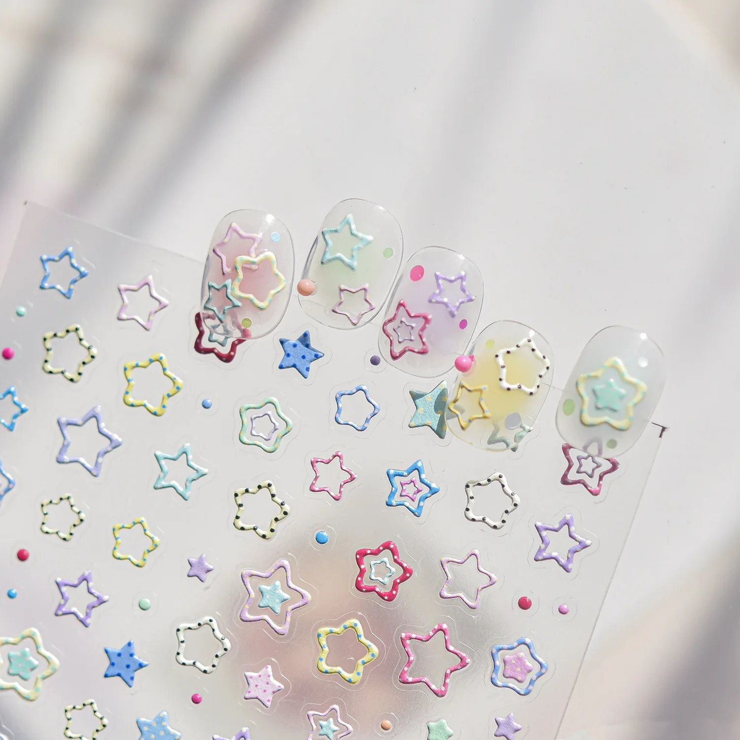 5D Embossed Nail Art Stickers Sweet Colorful Polka Dot Five-pointed Star Self-Adhesive Manicure Decal for Nail Decorations