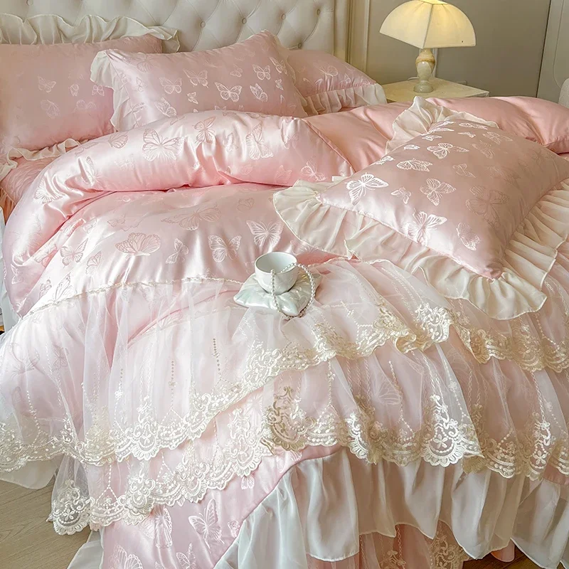 4/6Pcs Pink Butterfly Jacquard Three-layer Lace Ruffles Princess Wedding Bedding Set Duvet Cover Bed Skirt Bedspread Pillowcases