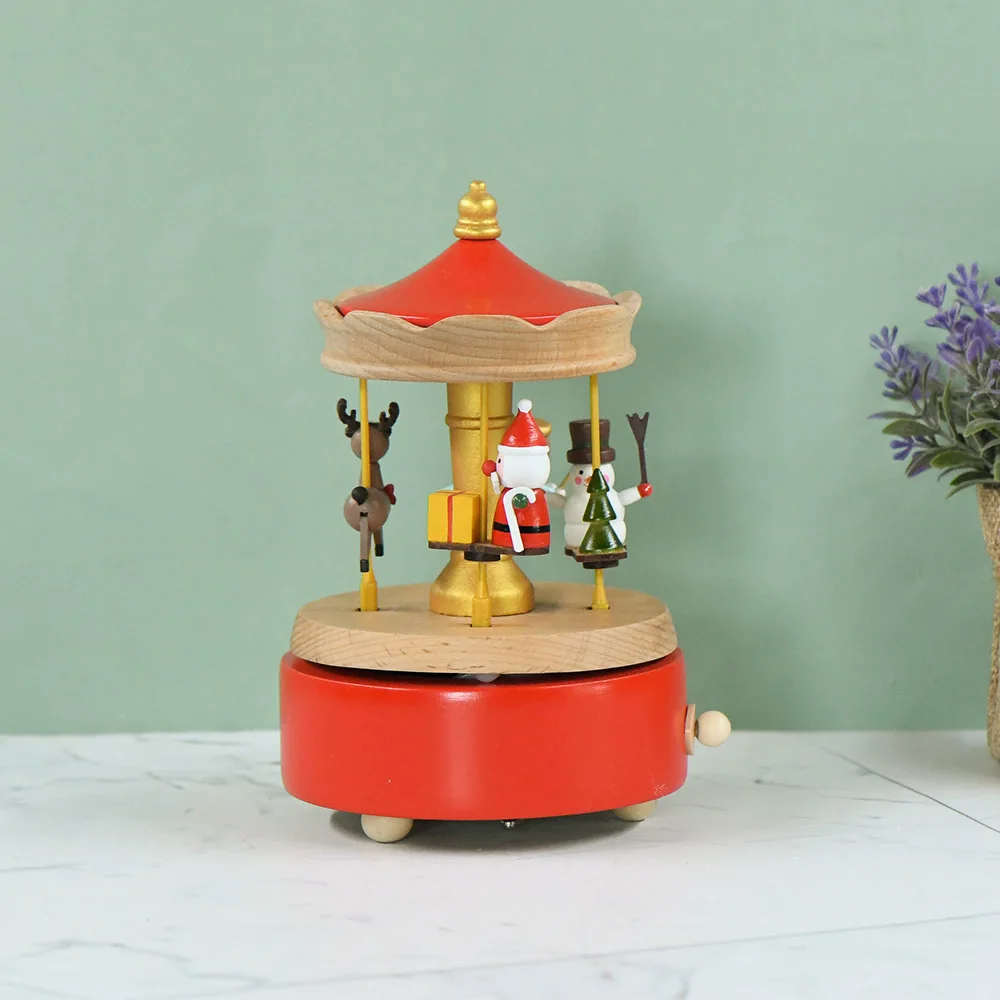 

Custom Clockwork Lifting Carousel Music Box Christmas Wooden Music Box For Christmas Gift