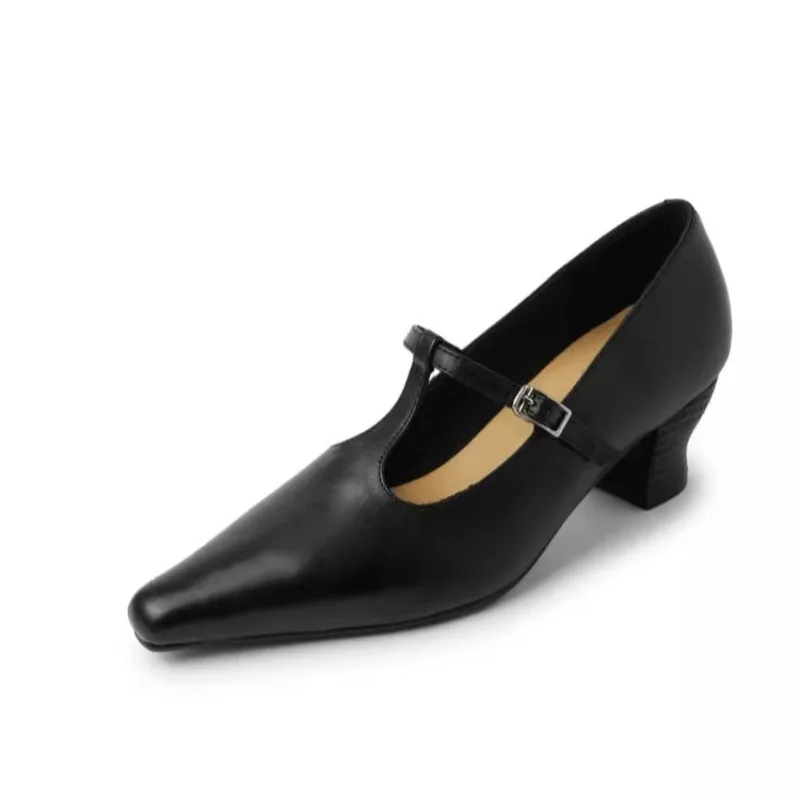 

Women's Shoes Mid Heel Pumps Water Dyed Cowhide French Mary Jane Vintage Dress Spring Autumn Leather Shoes Female High Heels