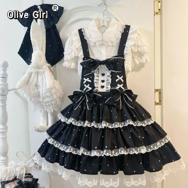 Olivegirl Sweet Dress Lolita Kawaii Vintage Women Girl Tea Party Cosplay Pink Polka Dot Lace Bow Tiered Cake Suspender Dress
