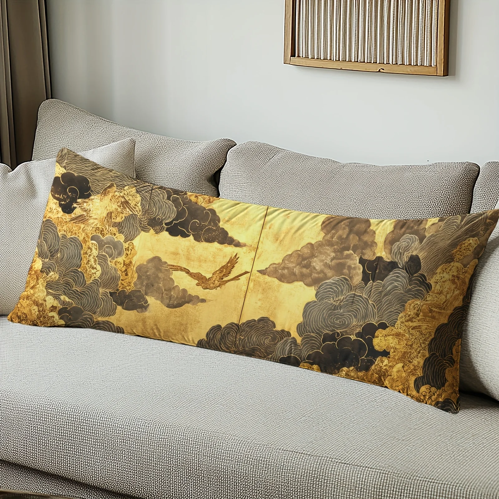 Japanese-style Bird and Cloud Pattern Printed Long Pillowcase, Home Decor, Body Pillow Cover, Bed Pillowcase, Asian Style, Golde