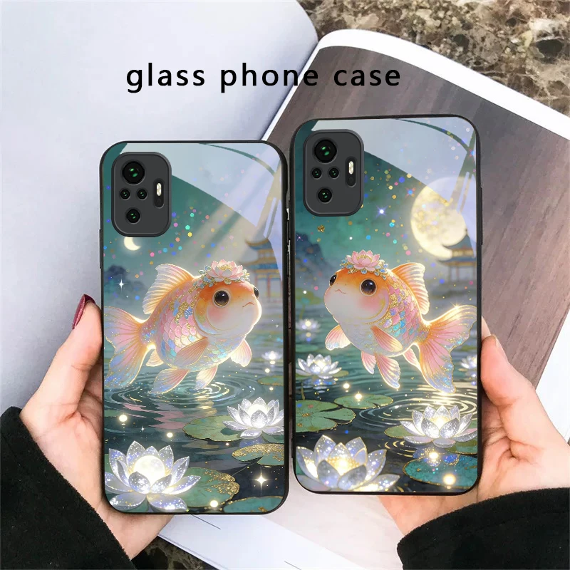 

Cute white veil goldfish For Redmi Note 14 Pro+ 13 Pro 8 9 9S 12S 10 Pro 11 12 13C 14C A3 12 13 K60 Ultra Black Glass Phone Case