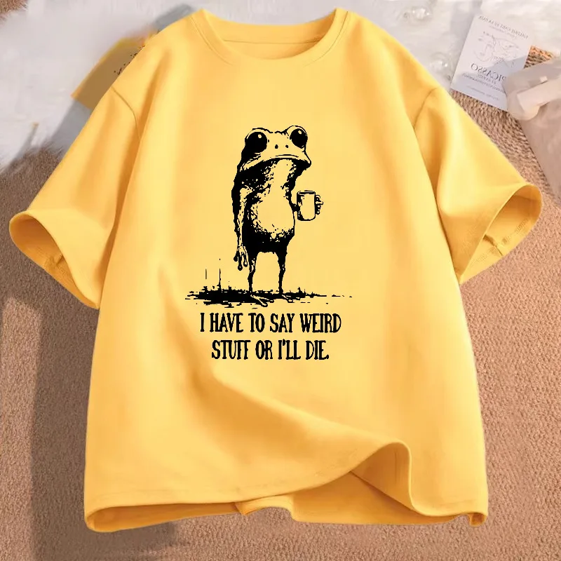 I Have To Say Weird Stuff Or I Will Die Men Front Print T Shirt Retro Frog Graphic Tee Casual Short Sleeve Top Funny Slogan Gift