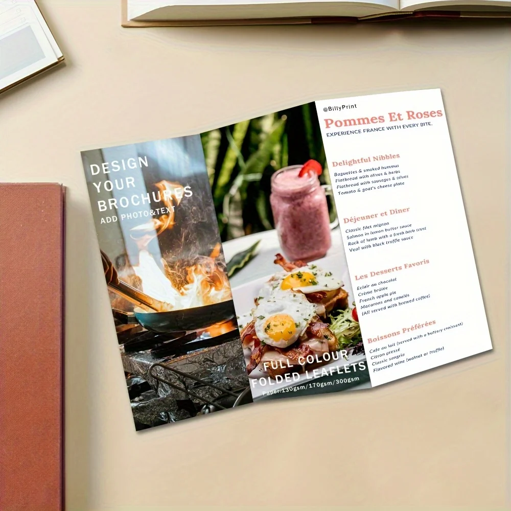 Custom Brochure 200/100Pcs A5 Size Three‑Fold Foldable Menu, Double‑Sided Printing With Custom Logo, Copperplate Paper