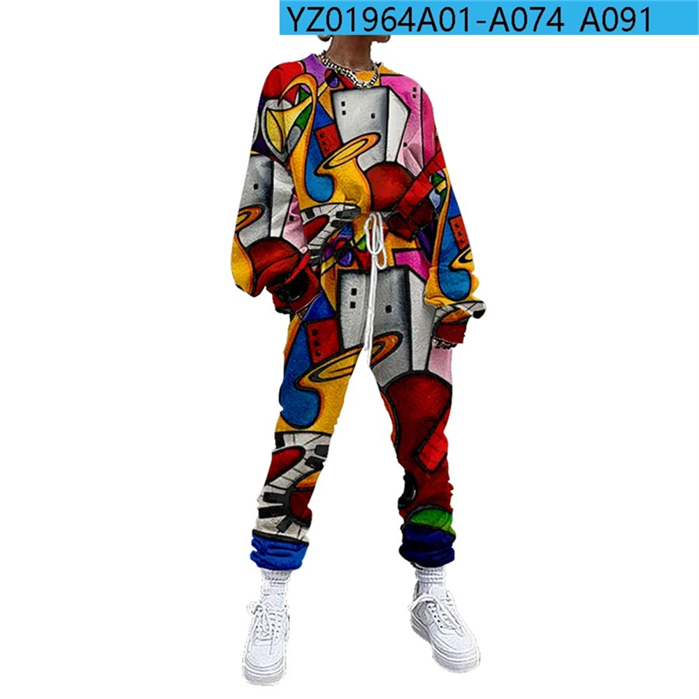 Woman Fashion Black Halloween Skull Print Sweatshirt And Pants Casual Jogger Suit Tracksuit Round Neck Pullover