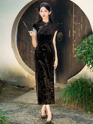 2024 New Retro Old Shanghai Style Long Cheongsam Black Velour Sleeveless Classical Dress Qipao Dress