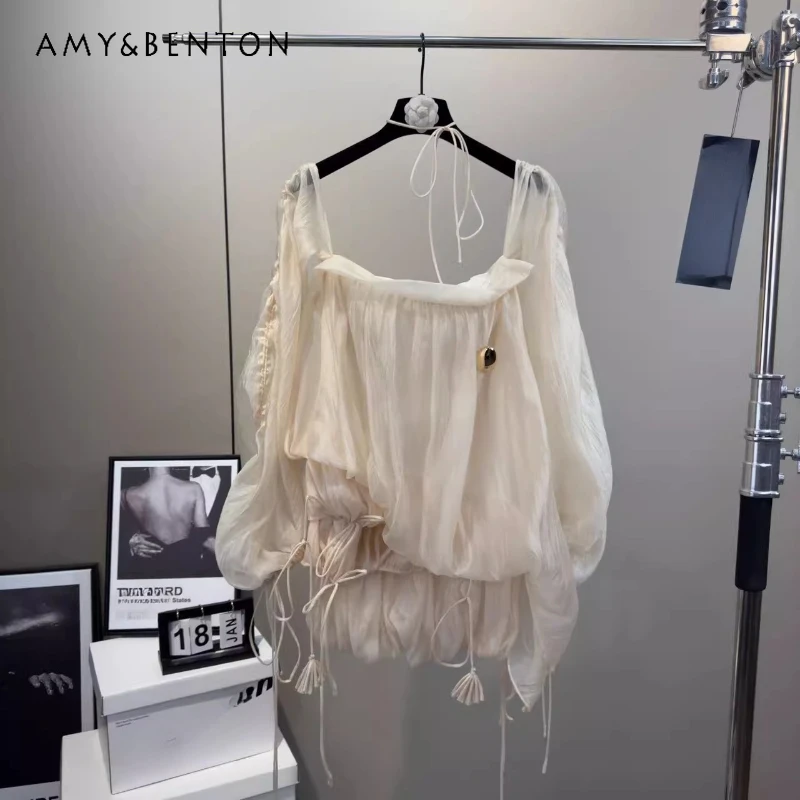 

Summer Off-the-shoulder Multi-layer Splicing Women's Short Skirt Original Drawstring Slimming Pure Desire Sexy Dresses Ladies