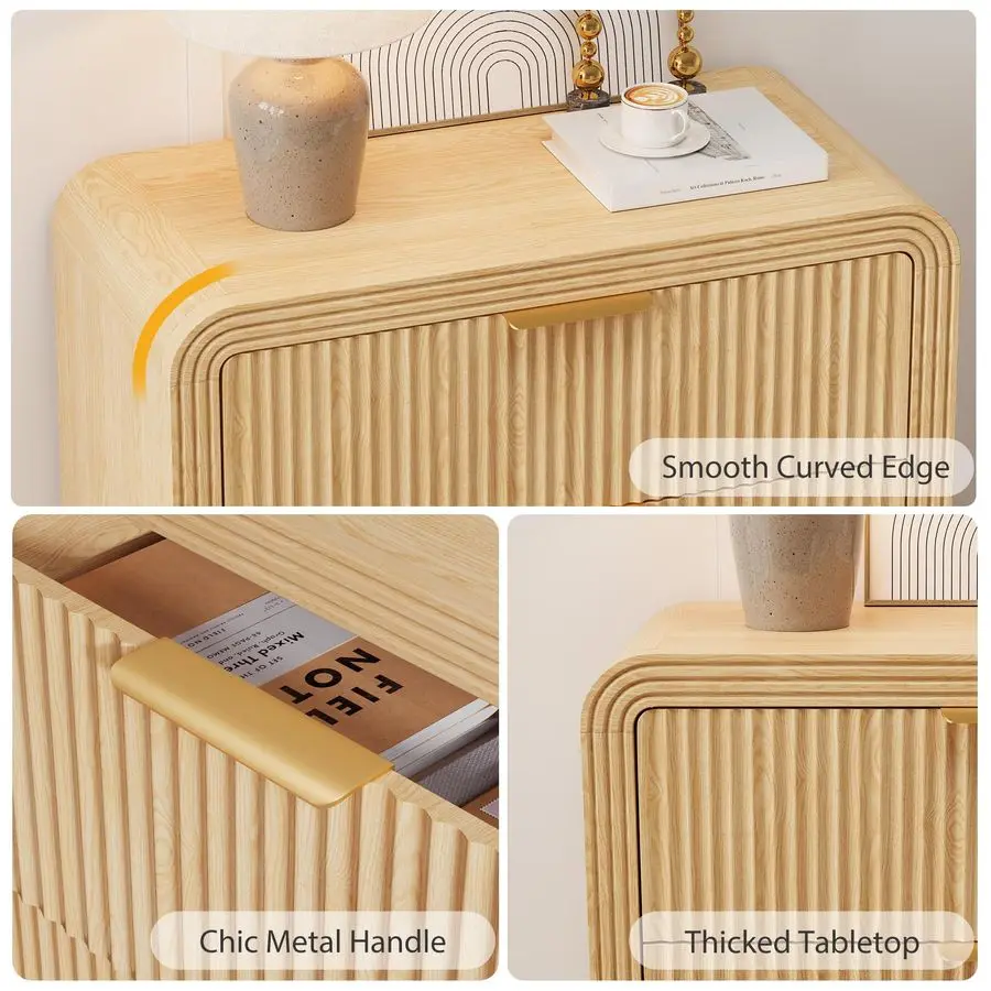 ตู้ลิ้นชัก 3 ชั้น สูง 31.8 นิ้ว สำหรับห้องนอน ตู้ลิ้นชักไม้สไตล์โมเดิร์นพร้อมขอบมนและมือจับโลหะ โต๊ะข้างเตียงขนาดใหญ่